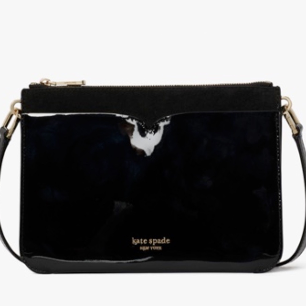New - Kate Spade Folio Patent and Suede Medium Crossbody - Black Bag Purse